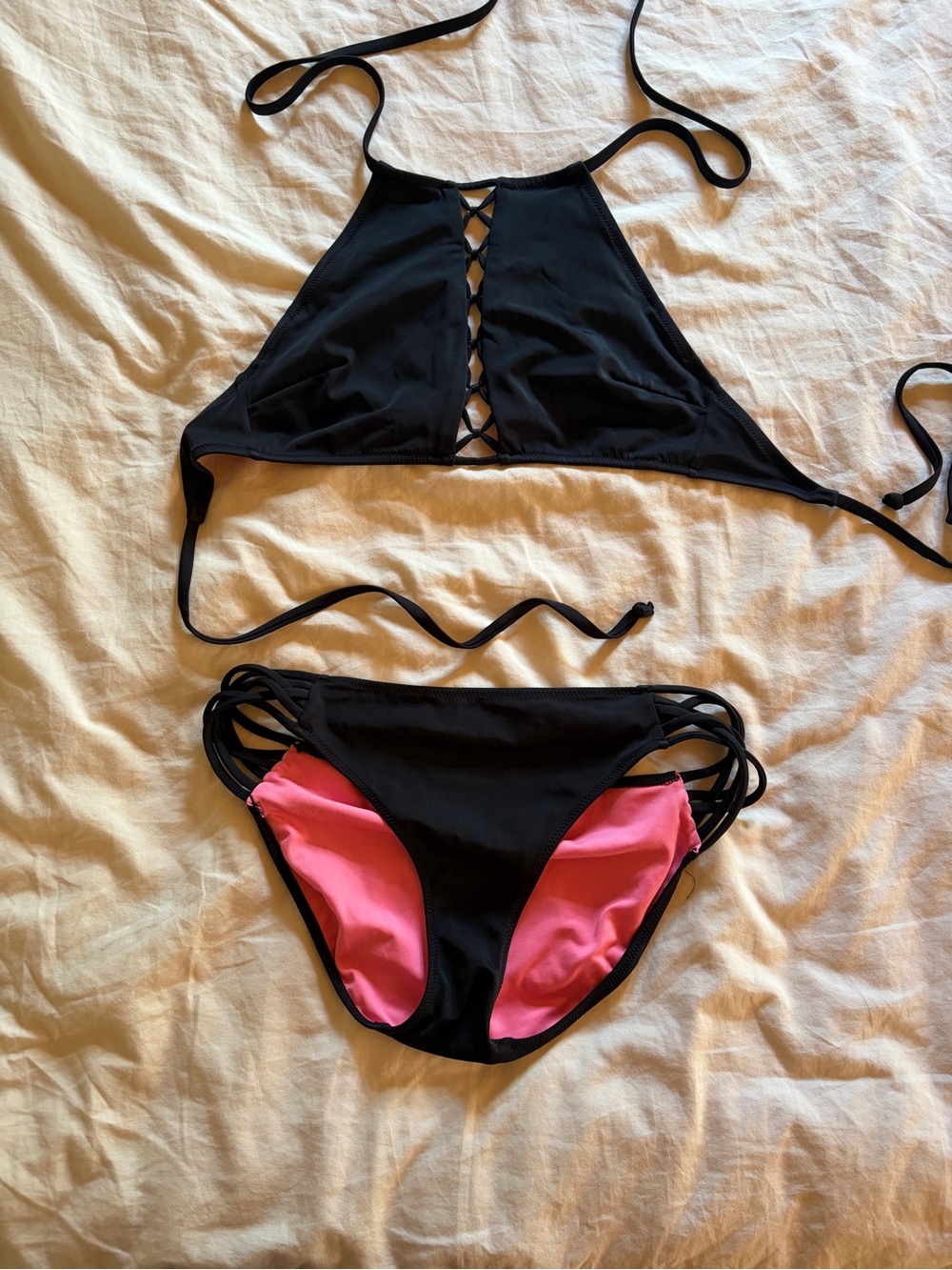 PINK Black & Pink Strappy High-Neck Bikini Set